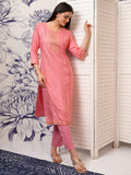 Vishudh Women Peach Embroidered Straight Kurta - Peach - Image 1