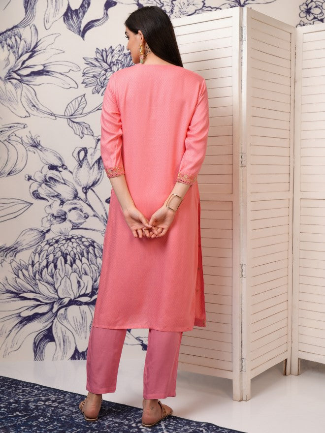 Vishudh Women Peach Embroidered Straight Kurta - Peach - Image 3