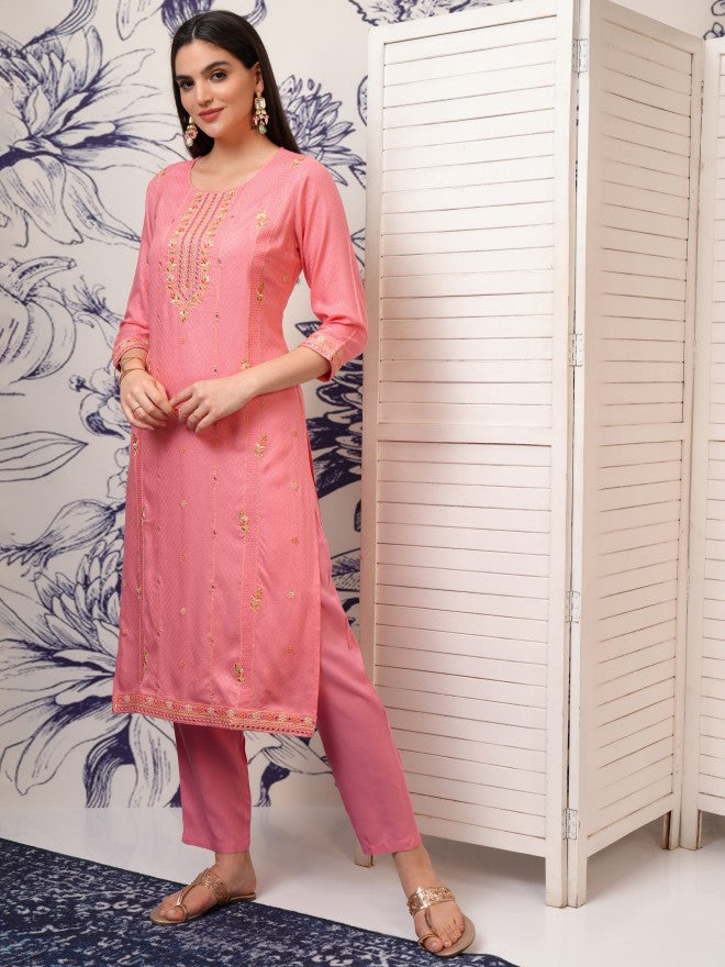 Vishudh Women Peach Embroidered Straight Kurta - Peach - Image 4