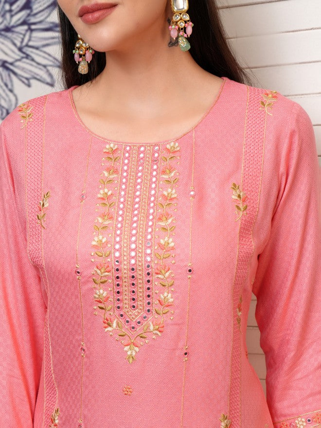 Vishudh Women Peach Embroidered Straight Kurta - Peach - Image 5