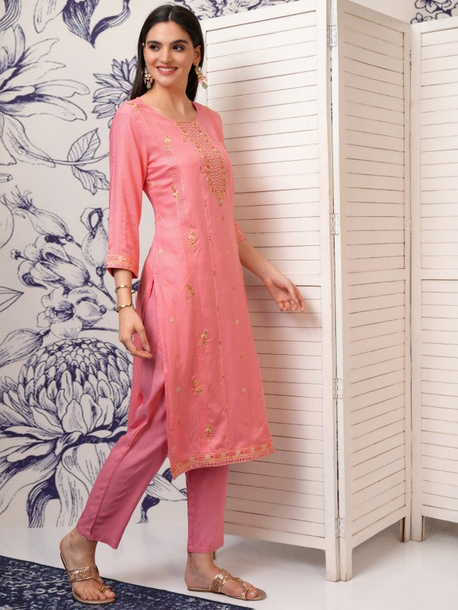 Vishudh Women Peach Embroidered Straight Kurta - Peach - Image 6
