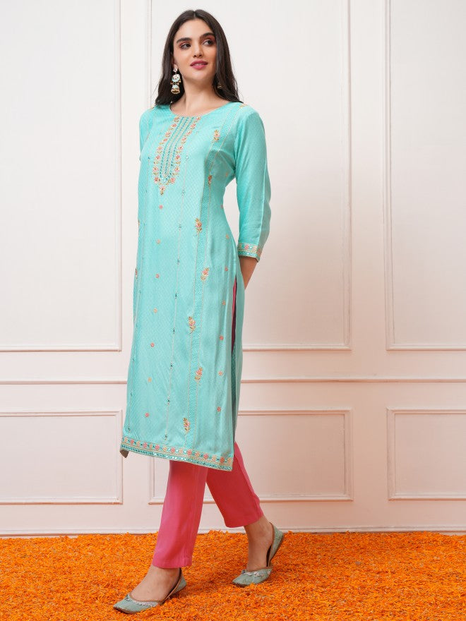 Vishudh Women Blue Embroidered Straight Kurta - Blue - Image 2