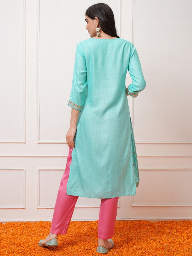 Vishudh Women Blue Embroidered Straight Kurta - Blue - Image 3