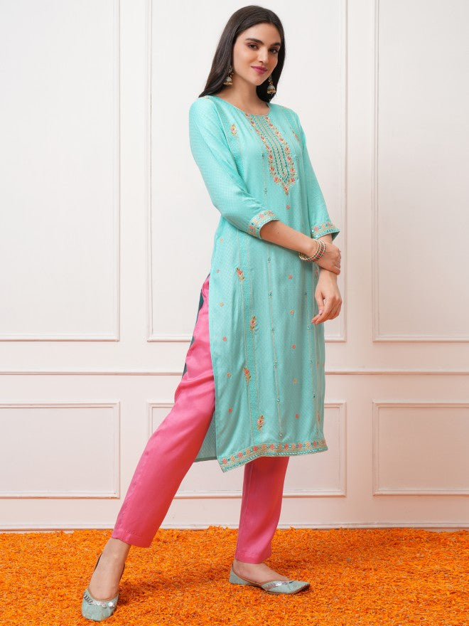 Vishudh Women Blue Embroidered Straight Kurta - Blue - Image 4