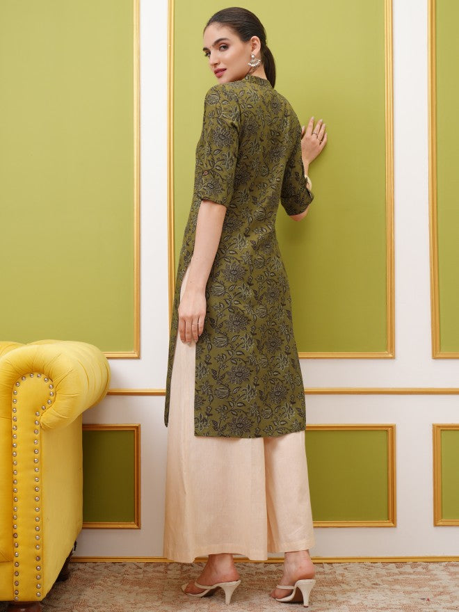 Vishudh Women Mustard Printed Straight Kurta - Mustard - Image 3