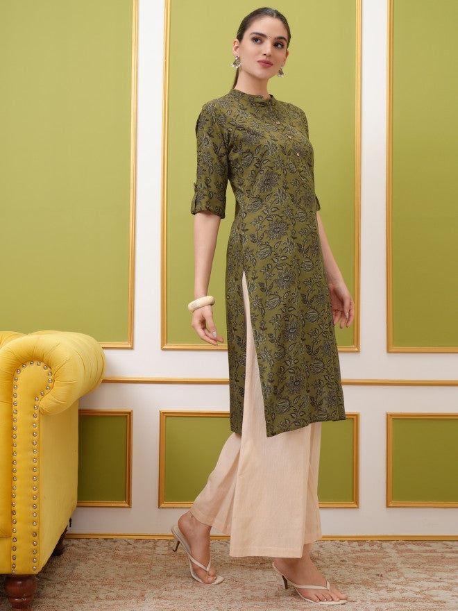 Vishudh Women Mustard Printed Straight Kurta - Mustard - Image 4