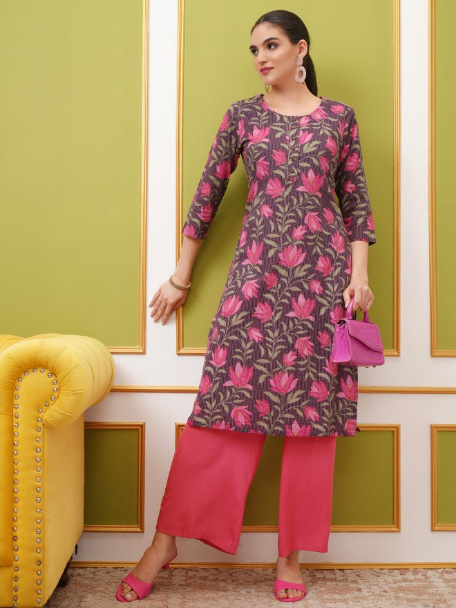 Vishudh Women Brown Printed Straight Kurta - Brown - Image 1