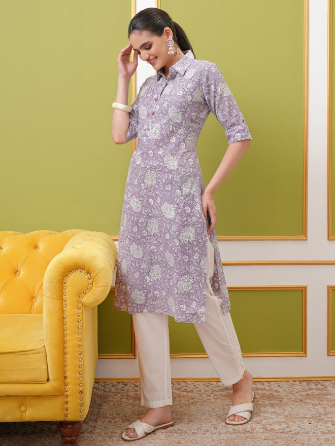 Vishudh Women Purple Printed Straight Kurta - Purple - Image 2