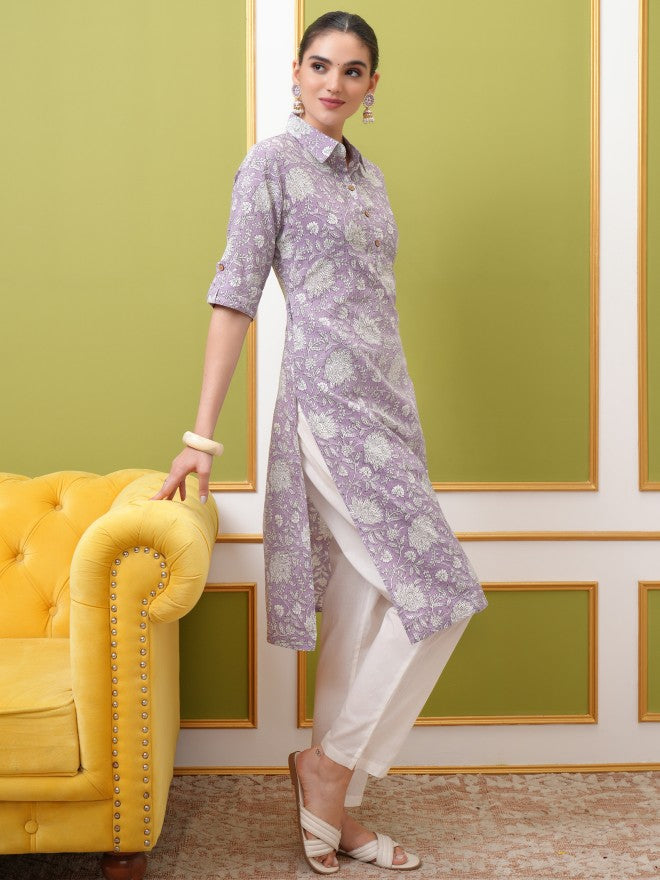 Vishudh Women Purple Printed Straight Kurta - Purple - Image 4