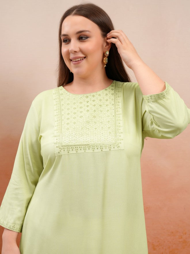 Vishudh Women Green Embroidered Straight Kurta - Green - Image 1