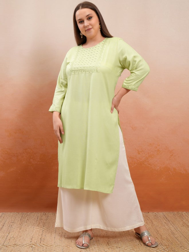 Vishudh Women Green Embroidered Straight Kurta - Green - Image 2