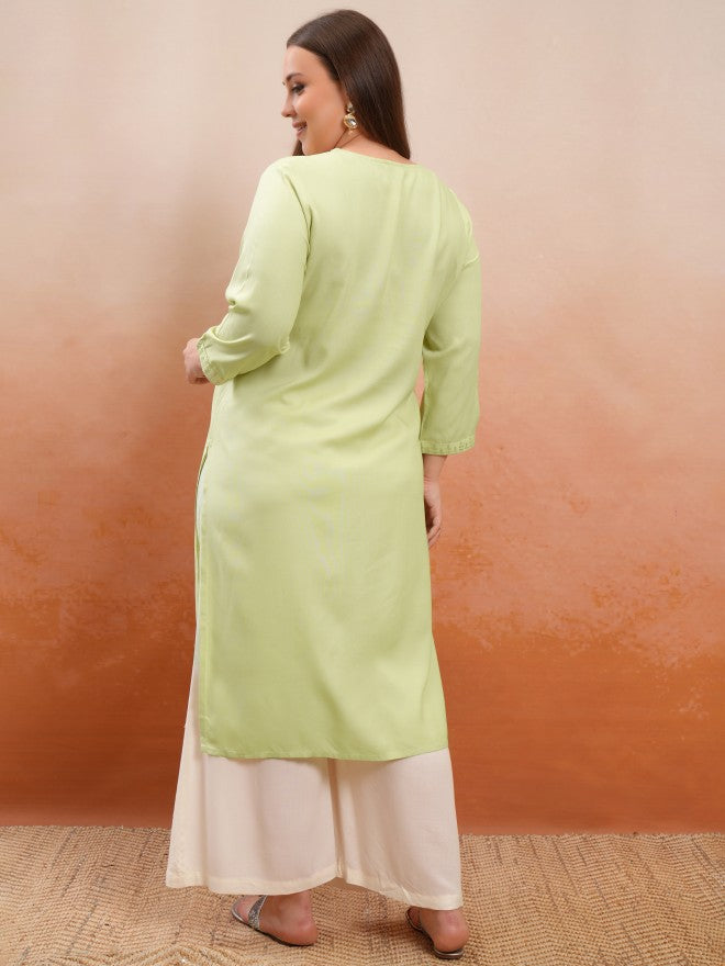 Vishudh Women Green Embroidered Straight Kurta - Green - Image 3