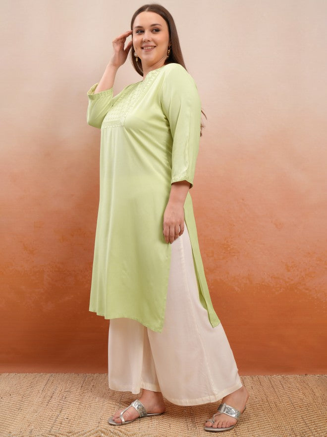 Vishudh Women Green Embroidered Straight Kurta - Green - Image 4