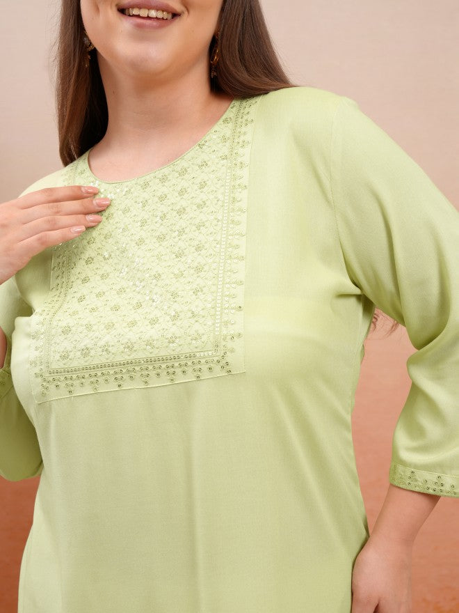 Vishudh Women Green Embroidered Straight Kurta - Green - Image 5