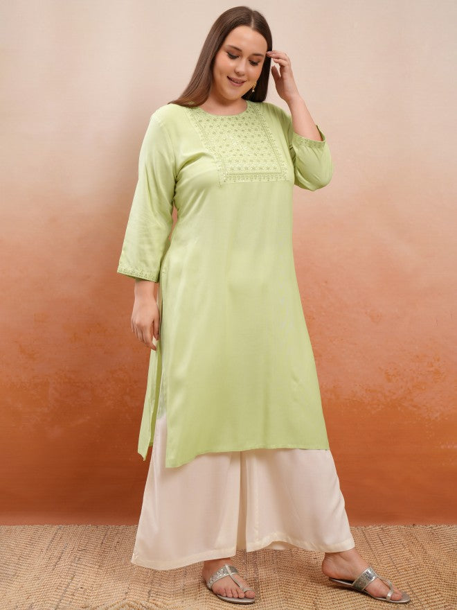 Vishudh Women Green Embroidered Straight Kurta - Green - Image 6
