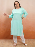 Vishudh Women Blue Embroidered Straight Kurta - Green - Image 1
