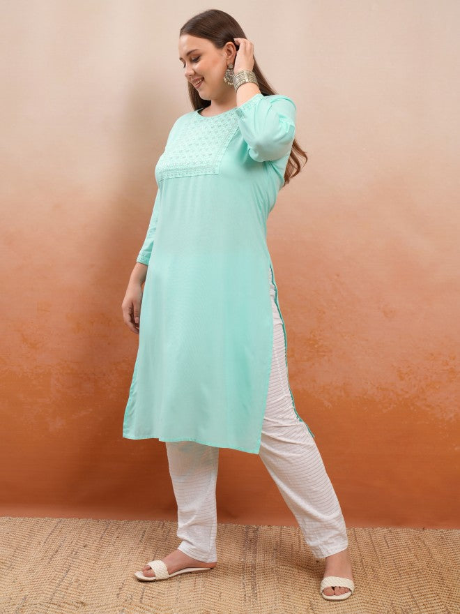 Vishudh Women Blue Embroidered Straight Kurta - Green - Image 2