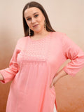 Vishudh Women Peach Embroidered Straight Kurta - Peach - Image 1