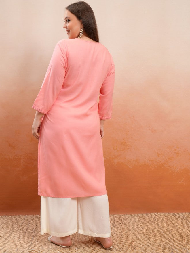 Vishudh Women Peach Embroidered Straight Kurta - Peach - Image 3