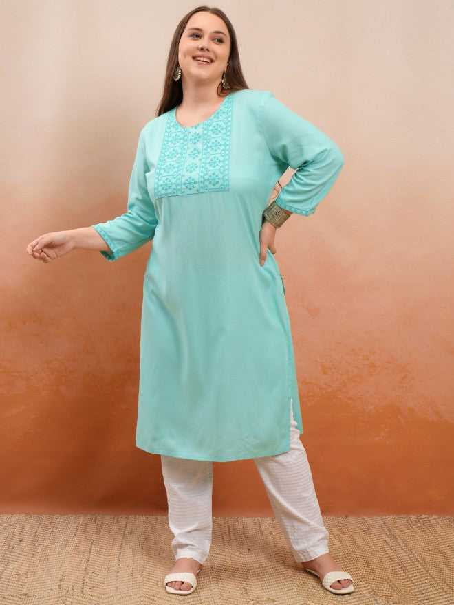 Vishudh Women Blue Embroidered Straight Kurta - Green - Image 2