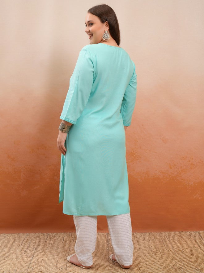 Vishudh Women Blue Embroidered Straight Kurta - Green - Image 3