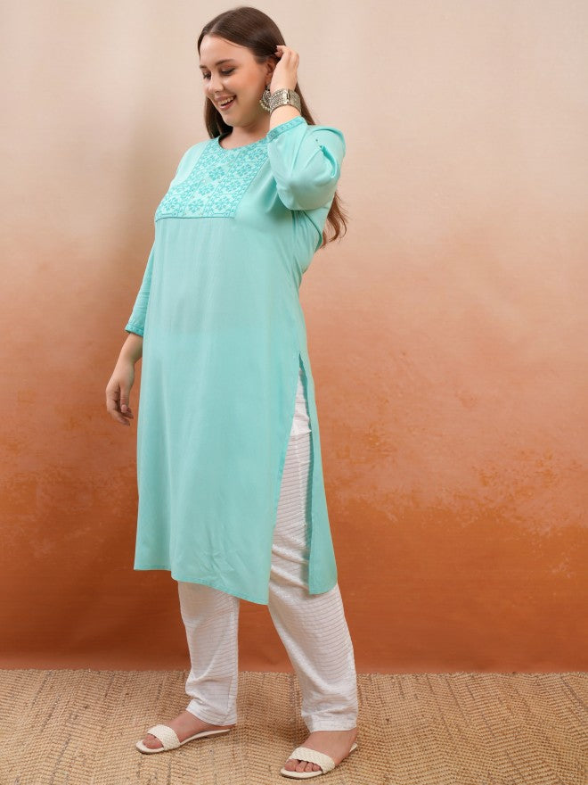 Vishudh Women Blue Embroidered Straight Kurta - Green - Image 4
