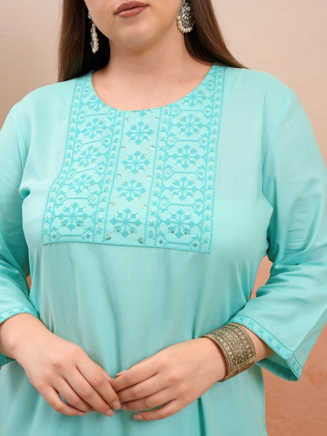 Vishudh Women Blue Embroidered Straight Kurta - Green - Image 5