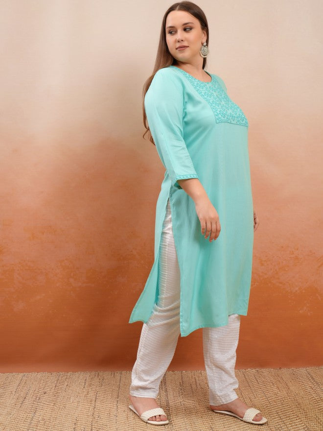 Vishudh Women Blue Embroidered Straight Kurta - Green - Image 6