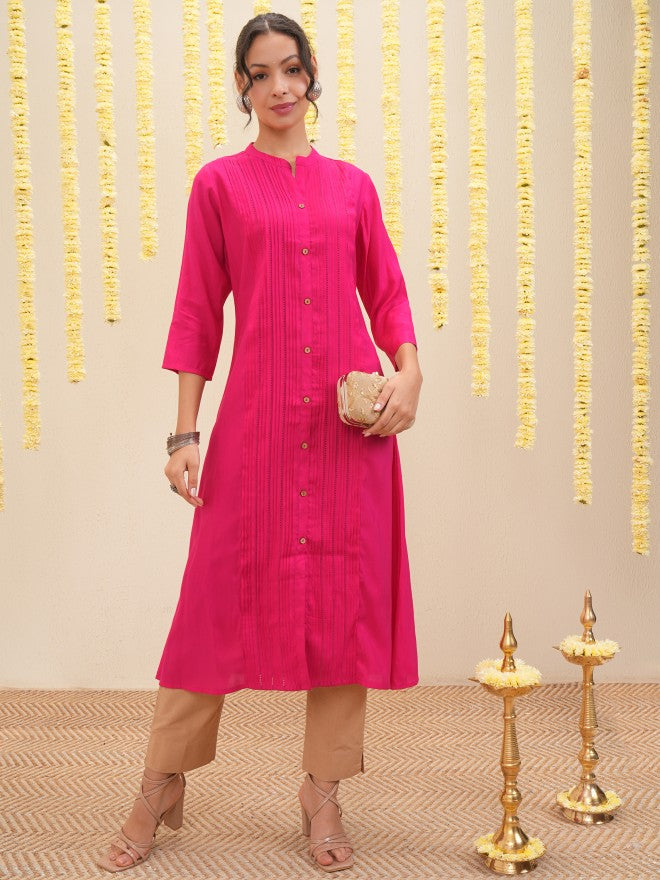 Vishudh Women Pink Embroidered A-Line Kurta - Pink - Image 2