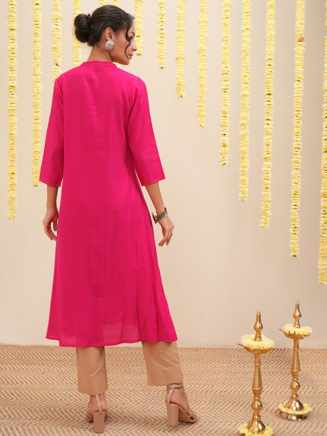 Vishudh Women Pink Embroidered A-Line Kurta - Pink - Image 3