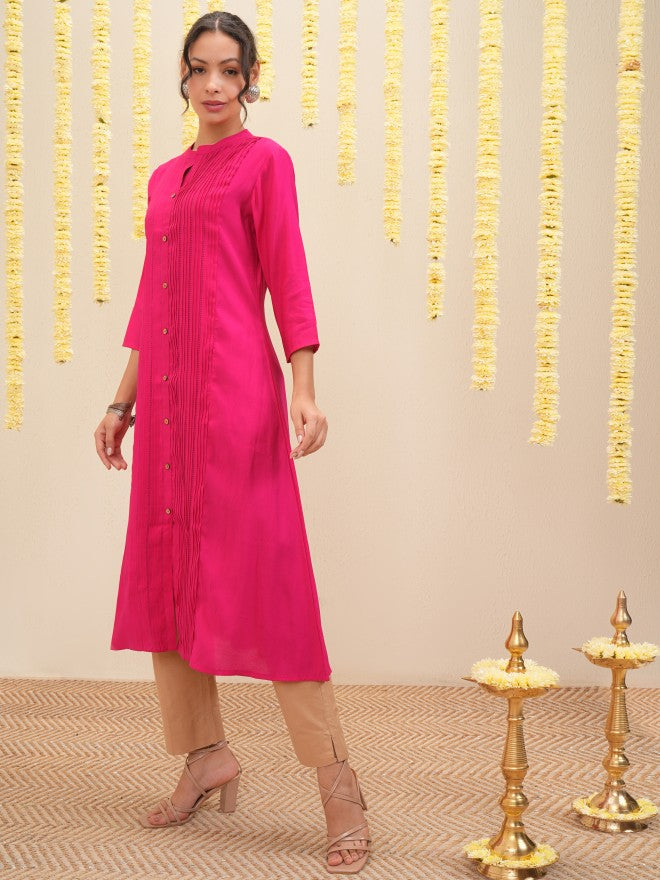Vishudh Women Pink Embroidered A-Line Kurta - Pink - Image 4