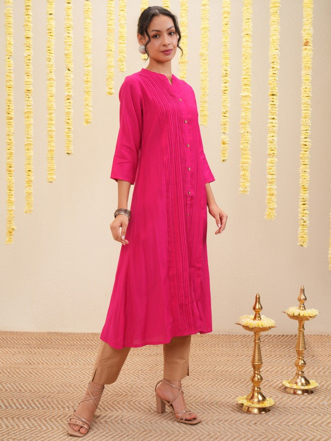 Vishudh Women Pink Embroidered A-Line Kurta - Pink - Image 6