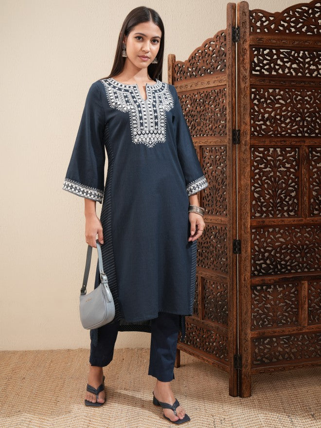 Vishudh Women Blue Embroidered Straight Kurta - Blue - Image 2