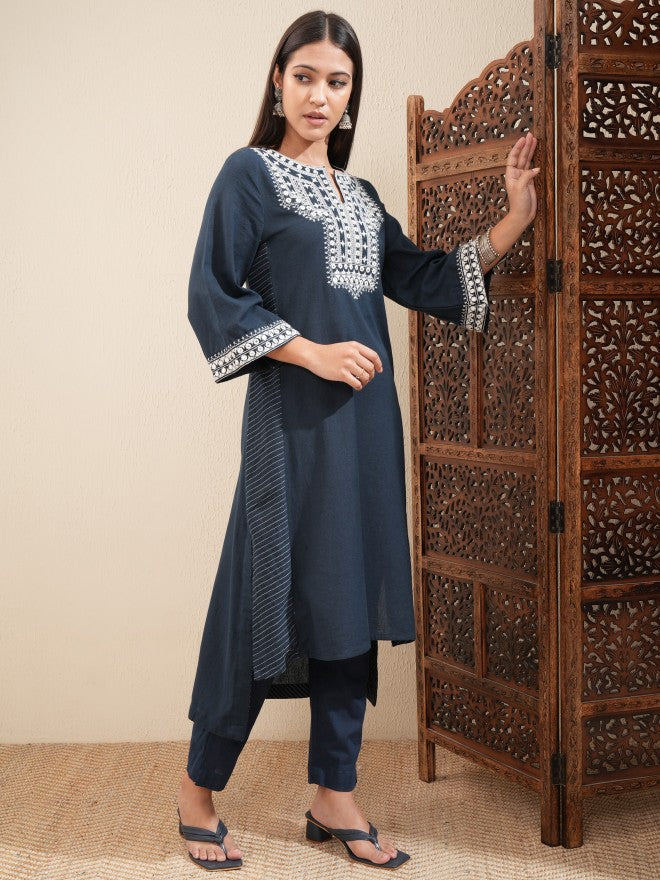 Vishudh Women Blue Embroidered Straight Kurta - Blue - Image 6