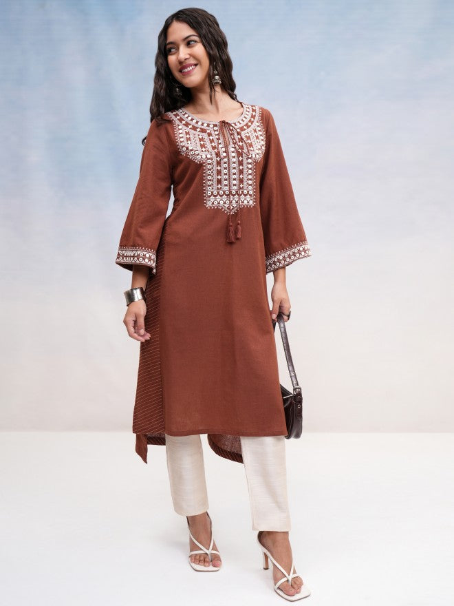 Vishudh Women Brown Embroidered A-Line Kurta - Brown - Image 2