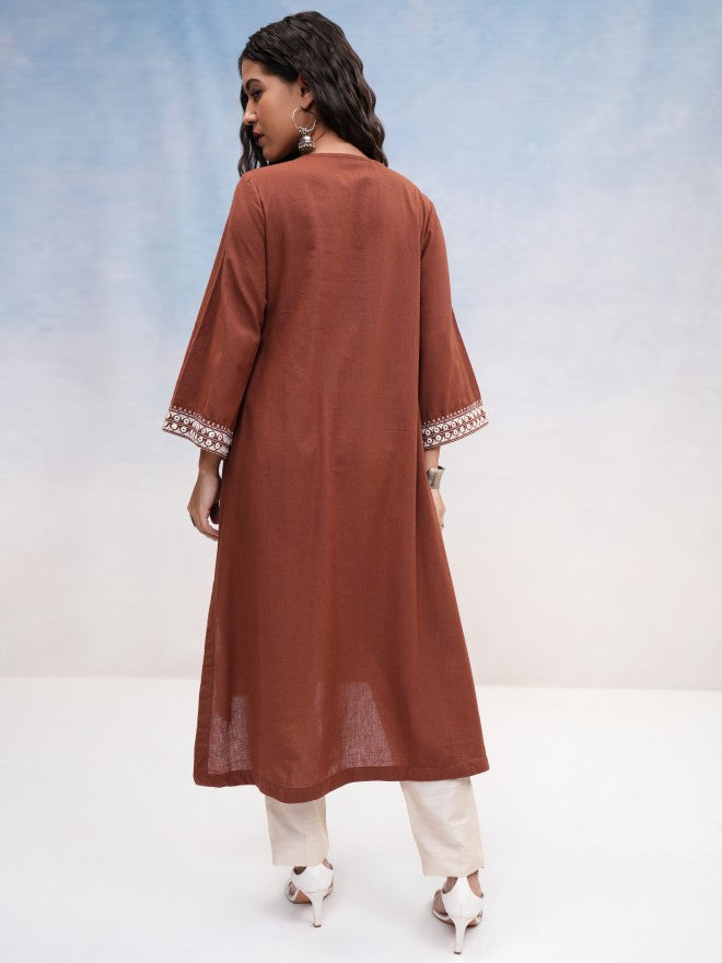 Vishudh Women Brown Embroidered A-Line Kurta - Brown - Image 3
