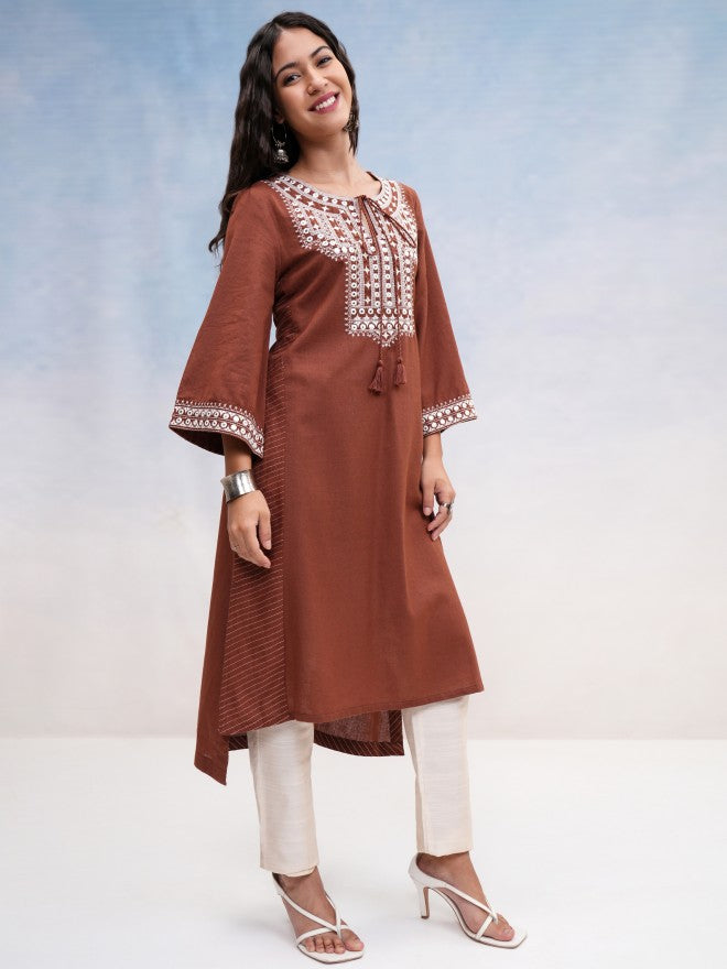 Vishudh Women Brown Embroidered A-Line Kurta - Brown - Image 6