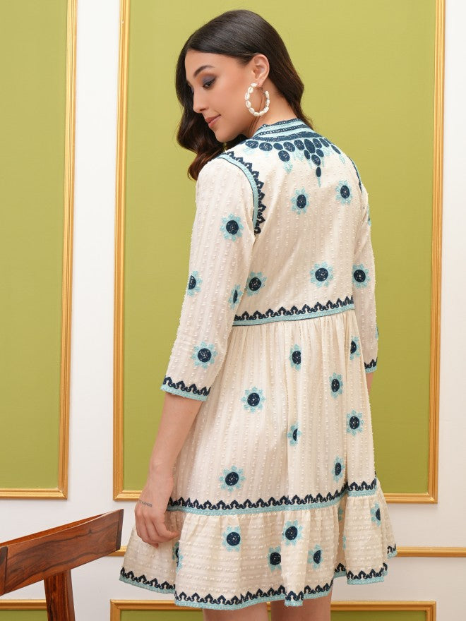 Vishudh Women Blue Embroidered Fit And Flare Dress - Blue - Image 3