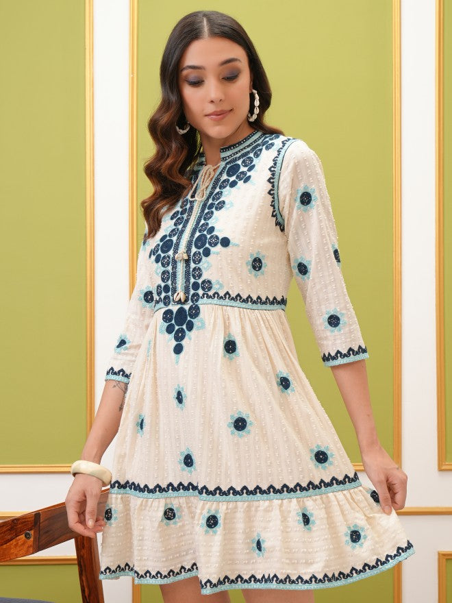 Vishudh Women Blue Embroidered Fit And Flare Dress - Blue - Image 4