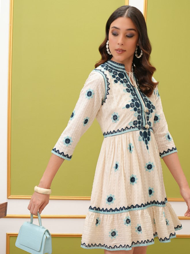 Vishudh Women Blue Embroidered Fit And Flare Dress - Blue - Image 6