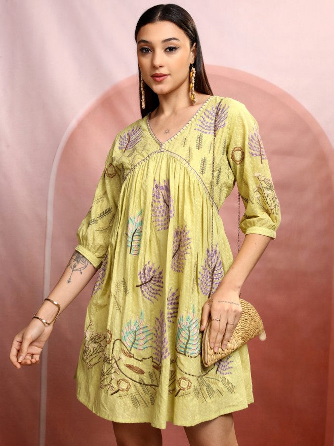 Vishudh women Yellow Embroidered A-Line Dress - Yellow - Image 1
