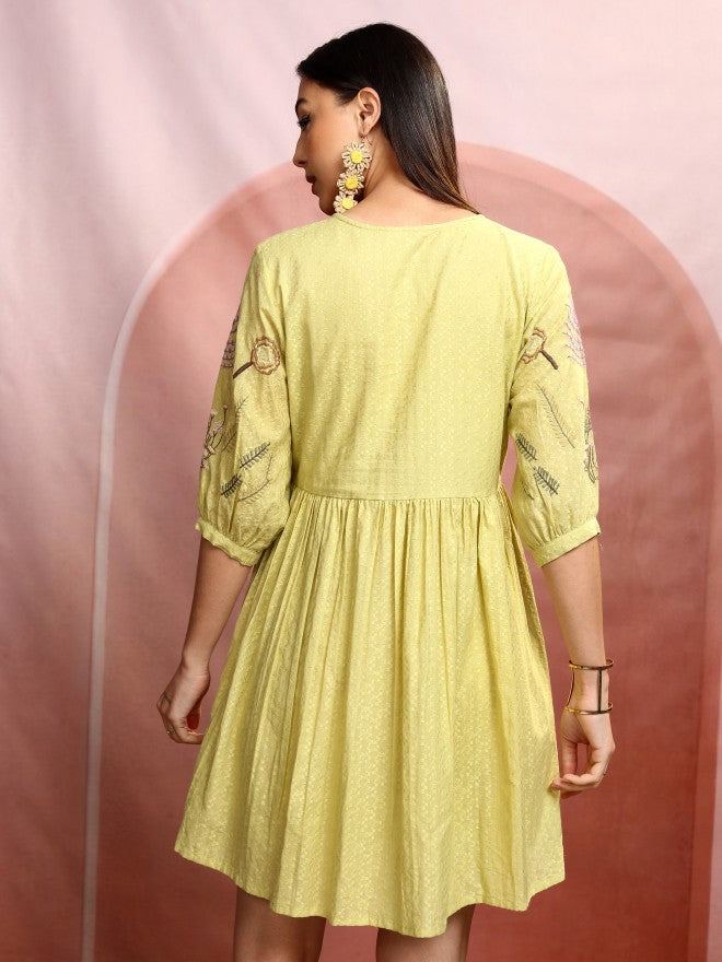 Vishudh women Yellow Embroidered A-Line Dress - Yellow - Image 3