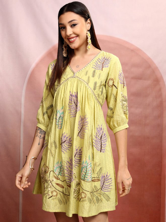 Vishudh women Yellow Embroidered A-Line Dress - Yellow - Image 4