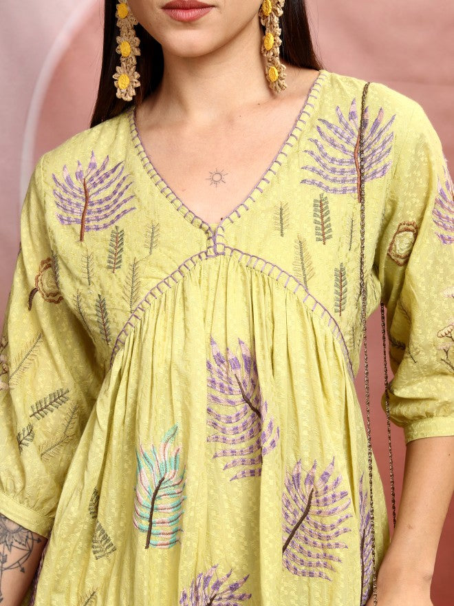 Vishudh women Yellow Embroidered A-Line Dress - Yellow - Image 5