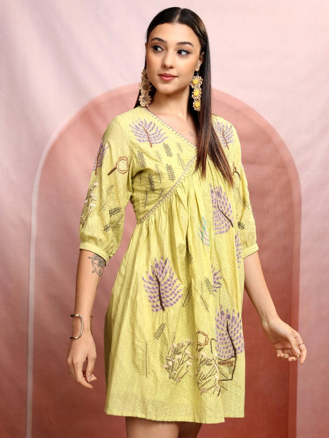 Vishudh women Yellow Embroidered A-Line Dress - Yellow - Image 6