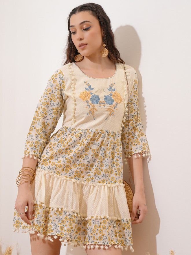 Vishudh women Cream Embroidered Fit And Flare Dress - Cream - Image 1