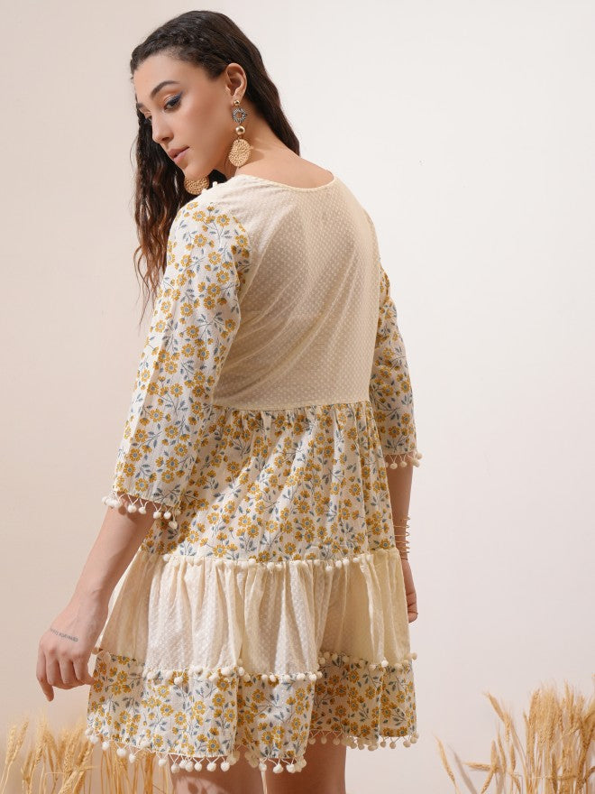 Vishudh women Cream Embroidered Fit And Flare Dress - Cream - Image 3