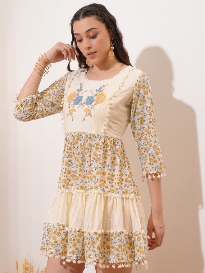 Vishudh women Cream Embroidered Fit And Flare Dress - Cream - Image 4