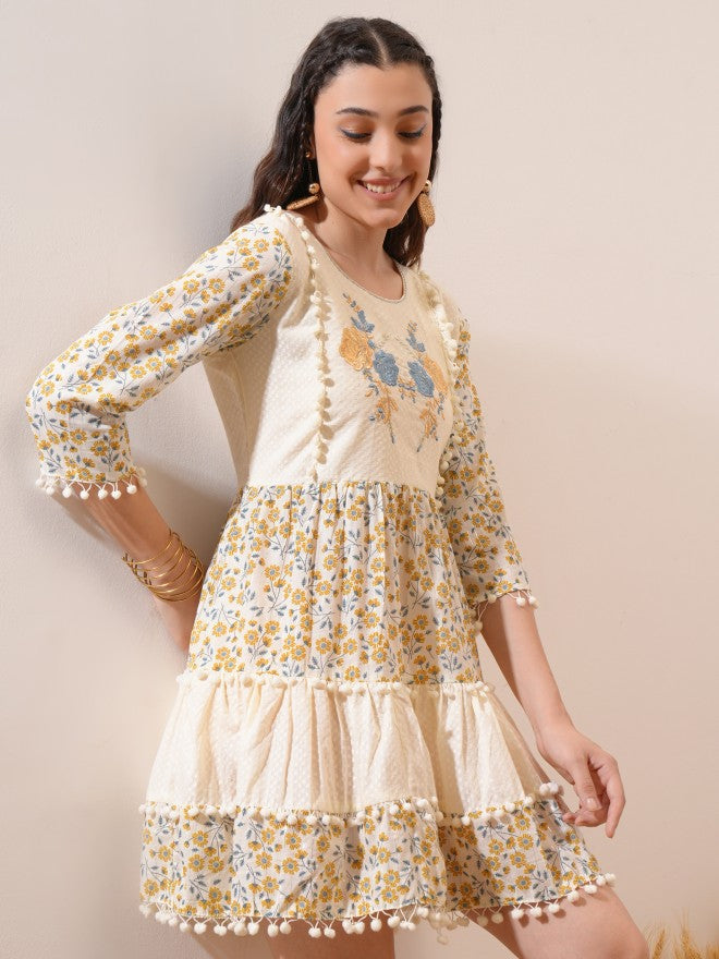 Vishudh women Cream Embroidered Fit And Flare Dress - Cream - Image 6