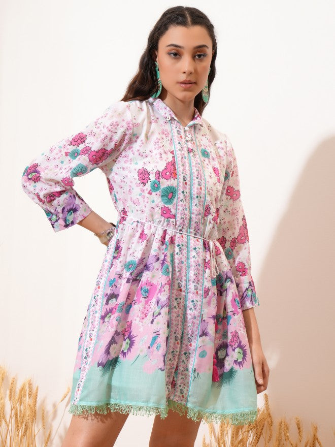 Vishudh women White Printed Shirt Dress - White - Image 1